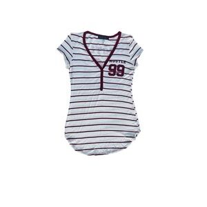 Striped V-Neck Top with Maroon Accents